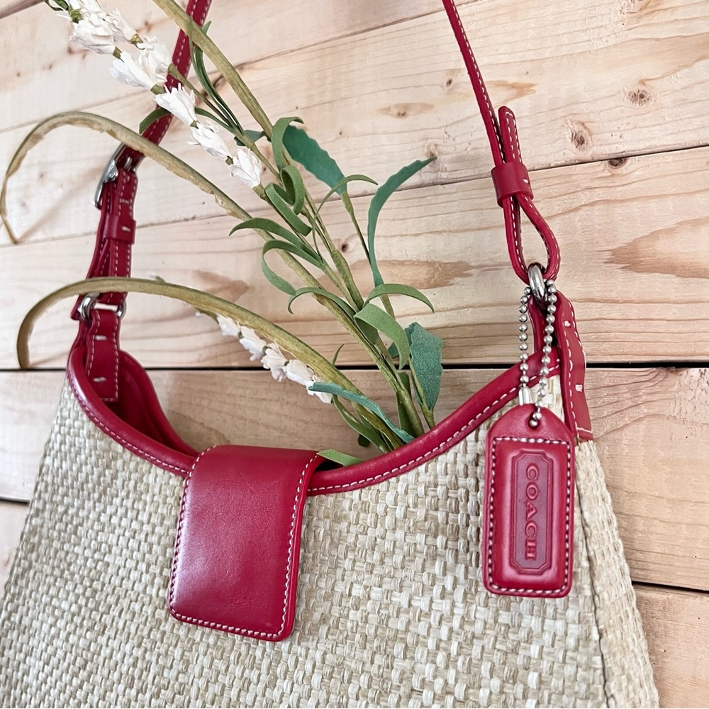 Coach Natural Straw and Red Leather Shoulder Bag